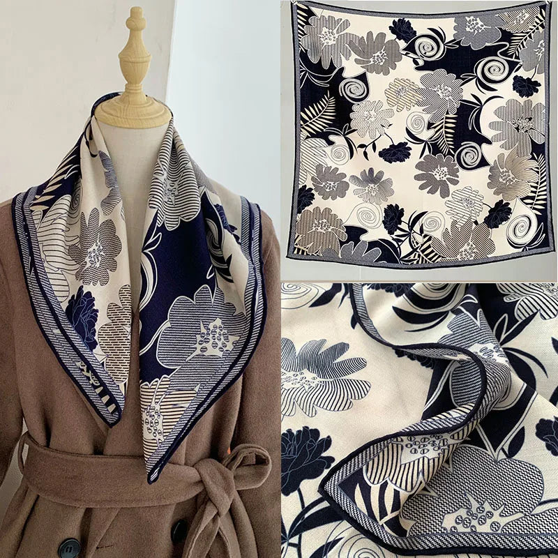 Luxurious design silk and wool scarf for women in floral style, square shape, warm-keeping neckband shawl, 65*65 cm