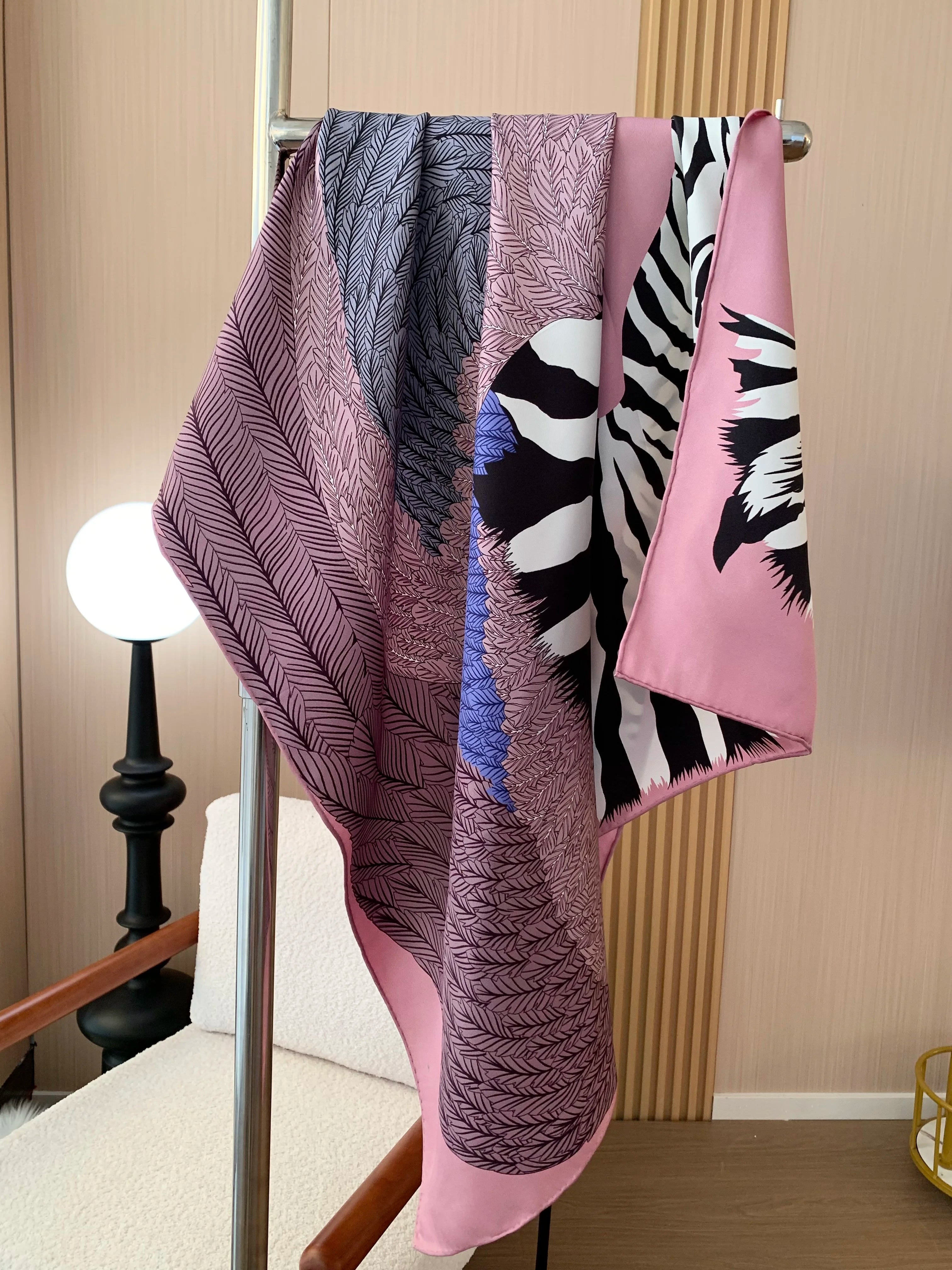 Women's Silk Scarf with Pink Zebra Pattern - Luxury Designer Design Sunscreen Decorated Party Shawl 90 cm Wide 18 mm Thick Silk