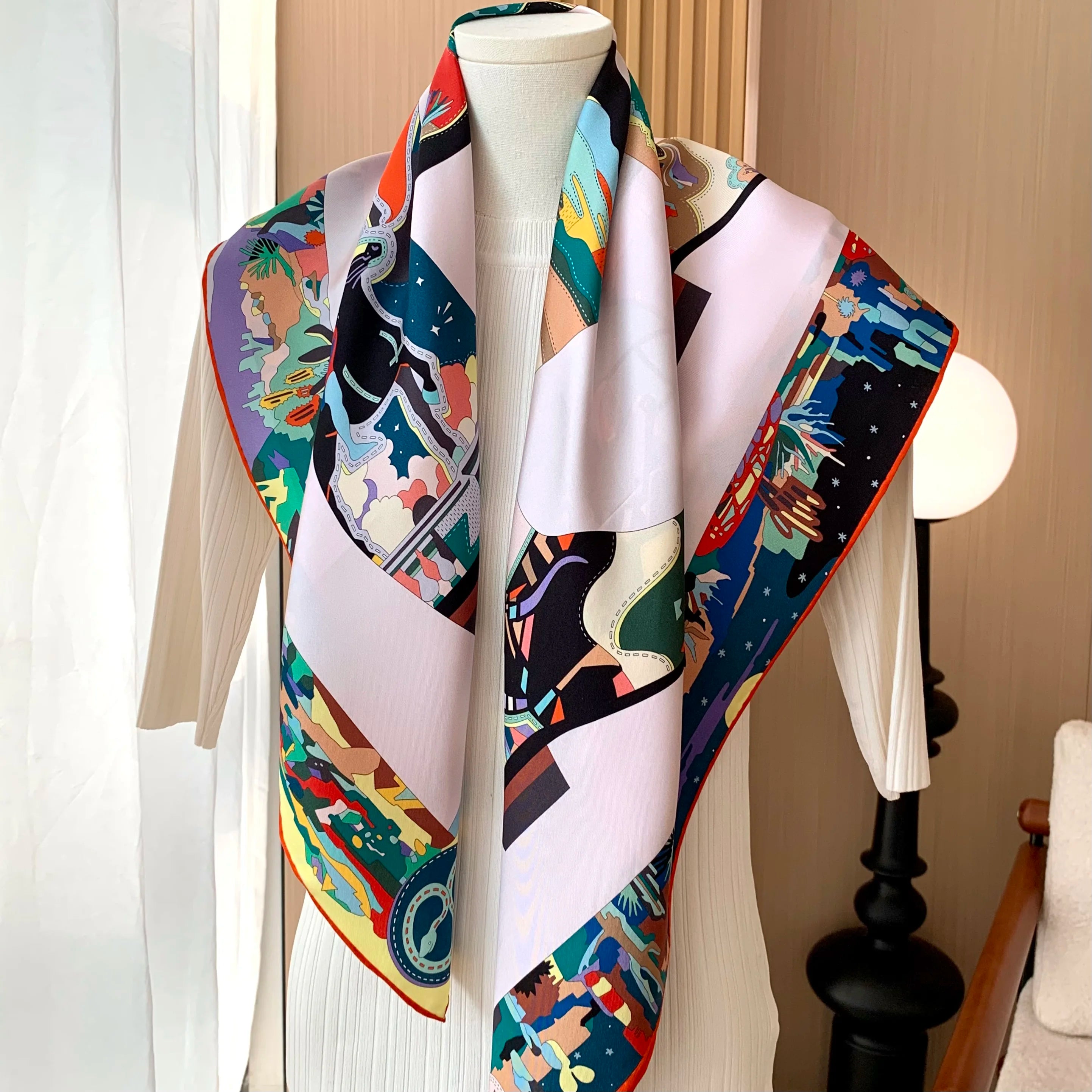 Luxurious Design 100% Silk Handkerchief for Women, Handmade Edging, 90cm Square, Elegant Sunscreen Headscarf, Shawl, Gift