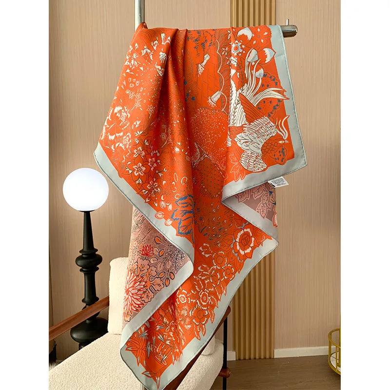 Two-color style 100% mulberry silk scarf for ladies square-shaped 90 in length floral pattern sun protection headscarf and shawl