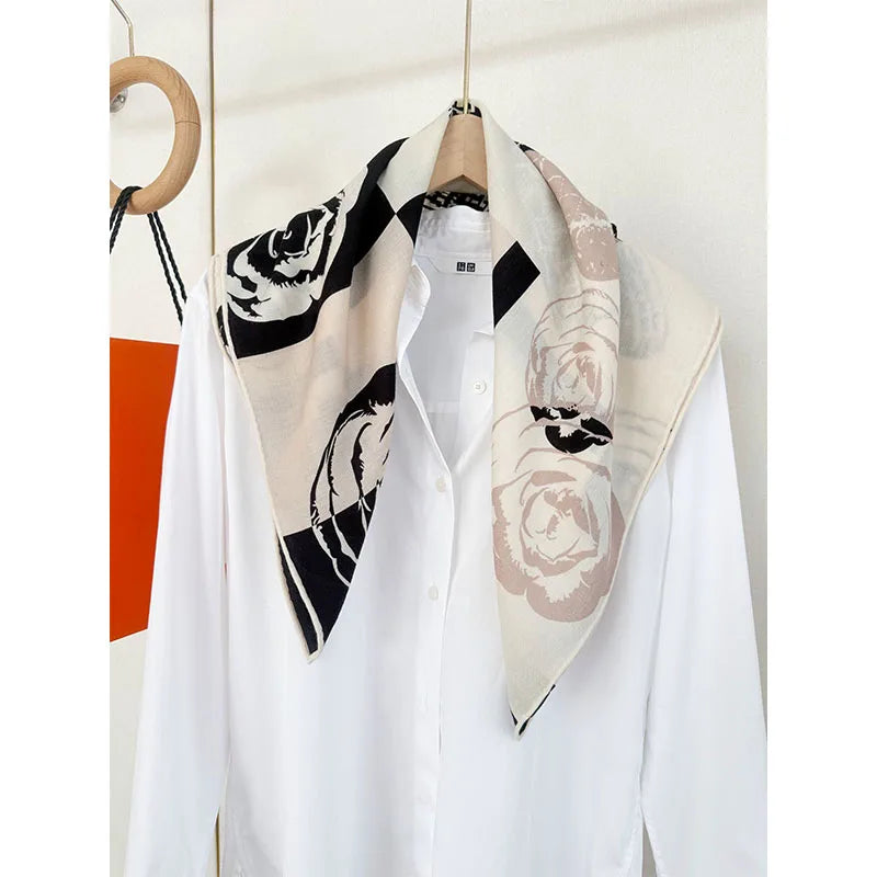 New camellia patterned silk and wool scarf for women, 65*65cm, fashionable, elegant and versatile headscarf and neck
