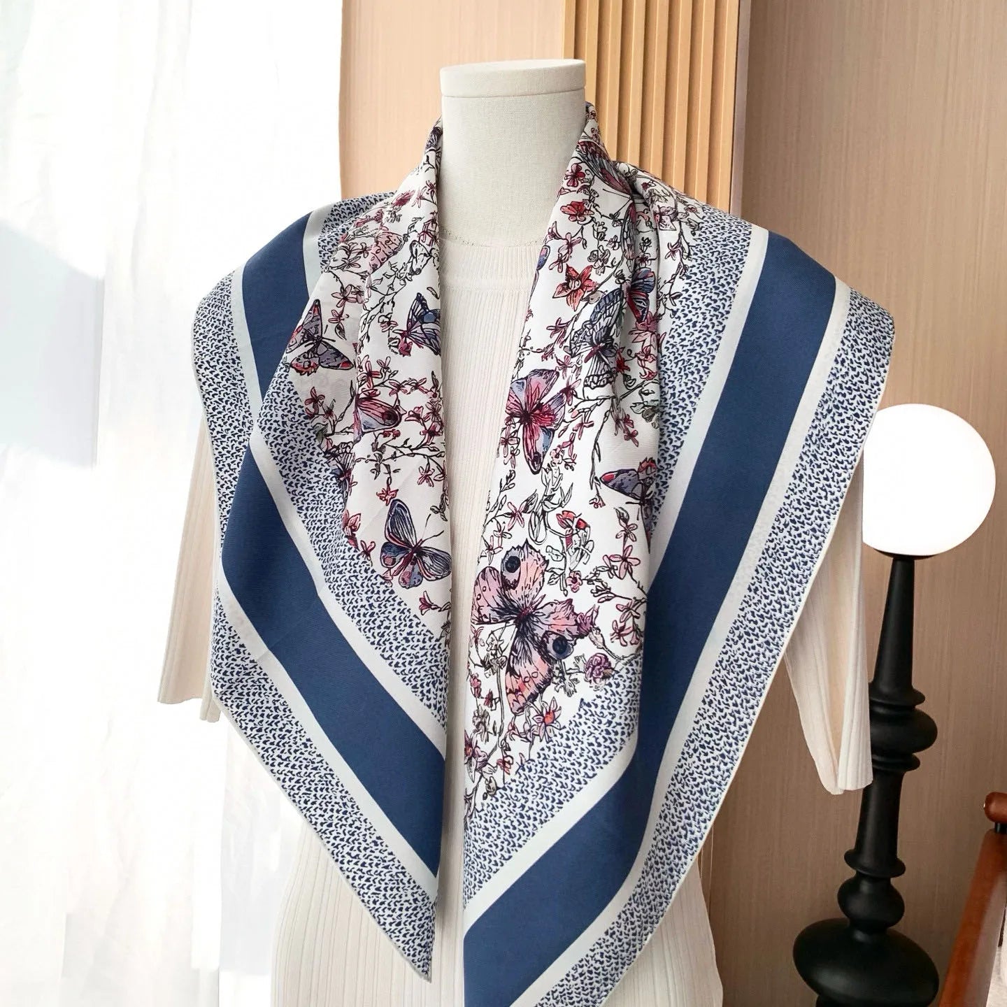 New blue floral silk scarf, 90cm thickness 18mm, high quality, elegant, shawl-style accessory, sun protection headscarf
