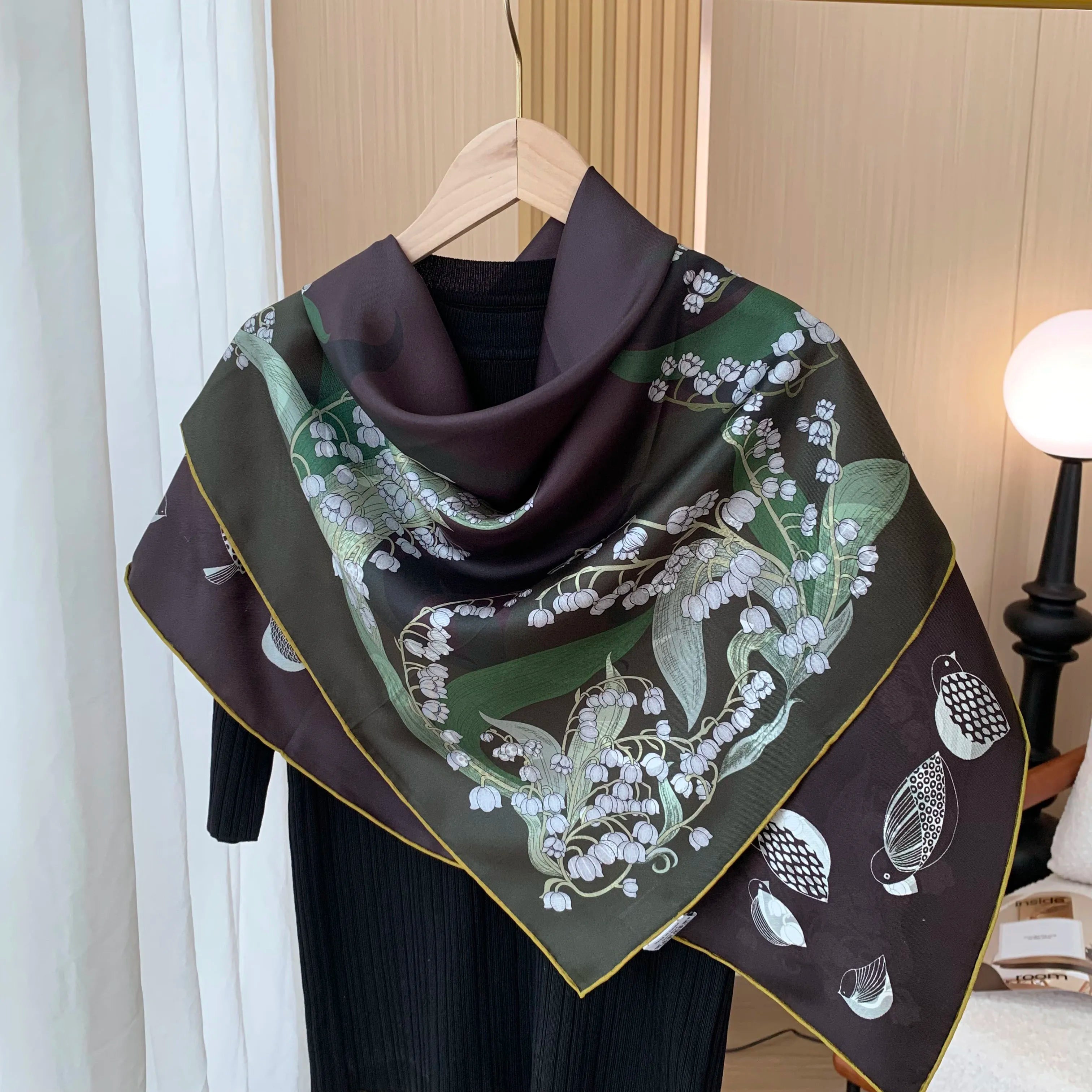New 18mm double-sided double-color 100% mulberry silk scarf for women 90cm long, floral pattern, fashionable headscarf and shawl
