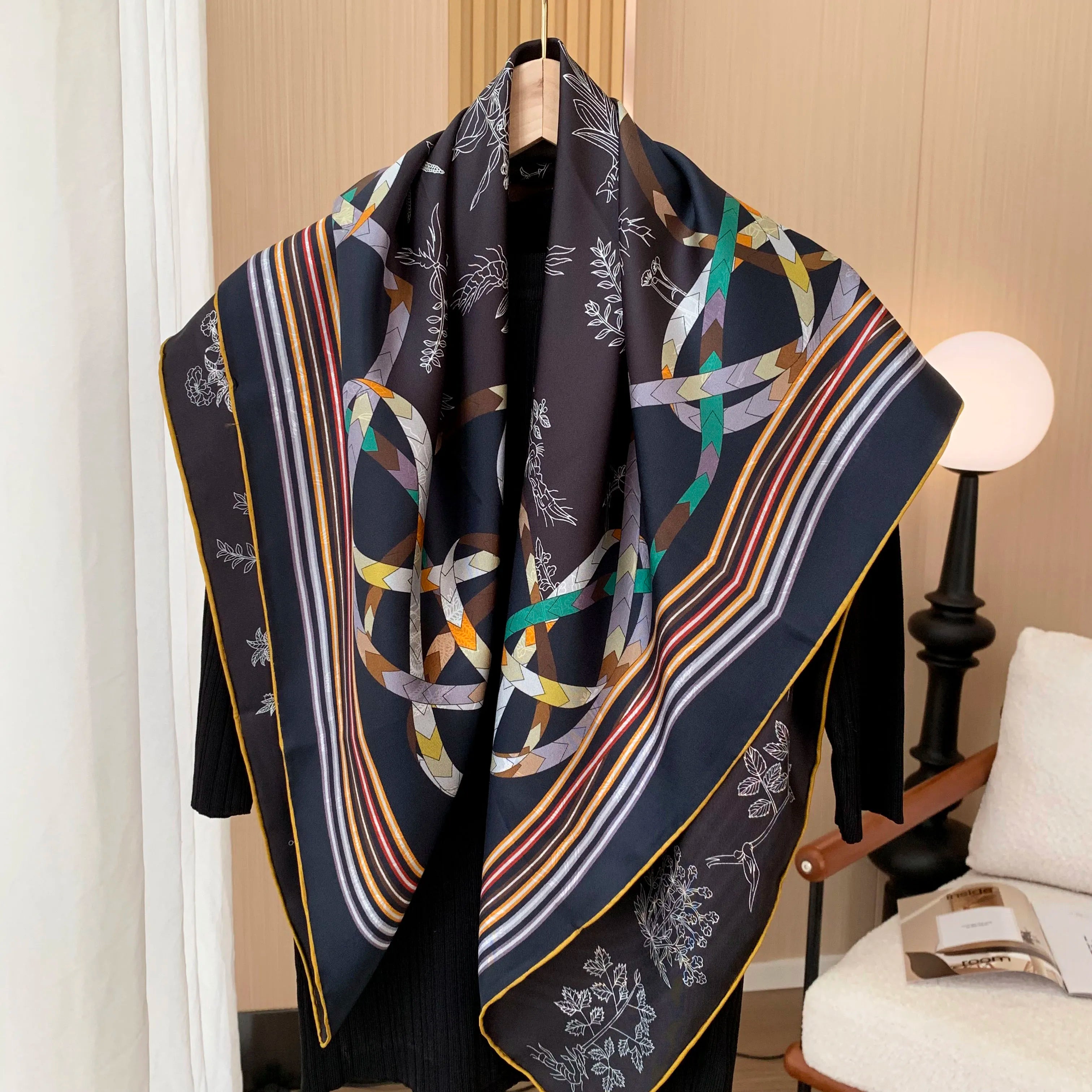 90cm double-sided double-color 100% mulberry silk scarf for women, floral pattern, sun protection headscarf, fashionable shawl