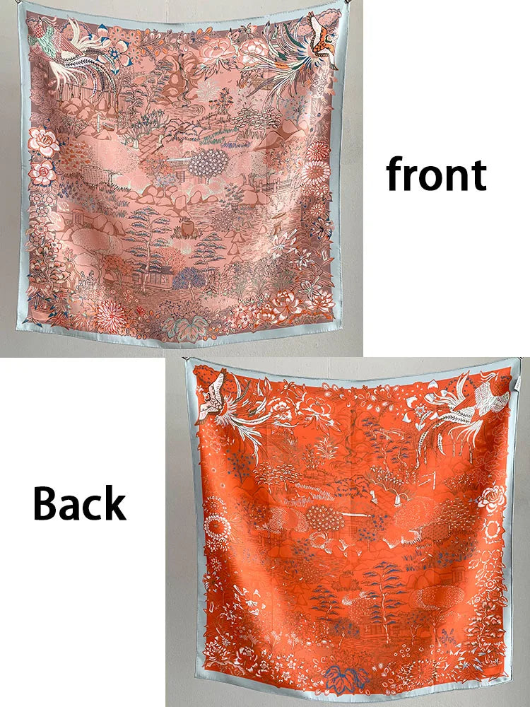 Two-color style 100% mulberry silk scarf for ladies square-shaped 90 in length floral pattern sun protection headscarf and shawl