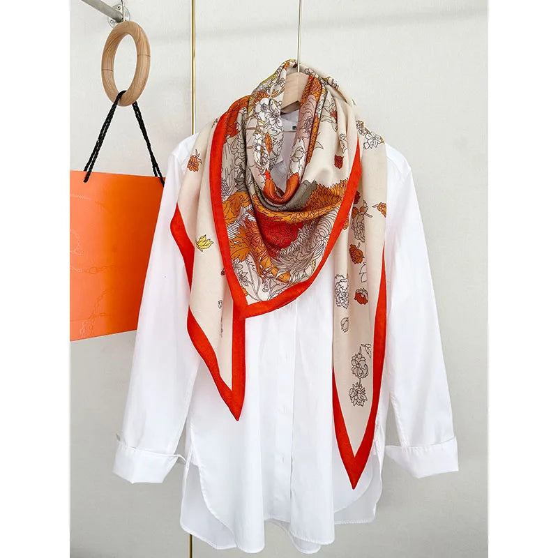 Luxurious design, large triangular scarf, silk and wool shawl, floral pattern decoration, warm and fashionable headscarf
