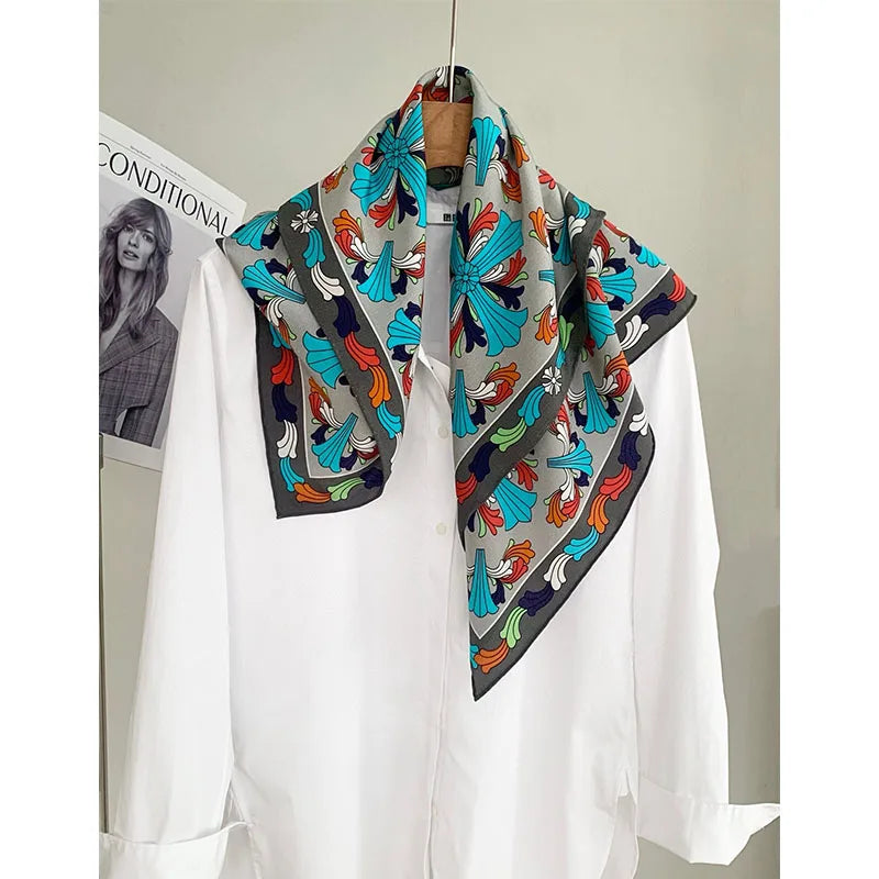 Cross pattern 100% silk scarf for women - fashionable sun protection headscarf, decorative scarf, square scarf, floral design