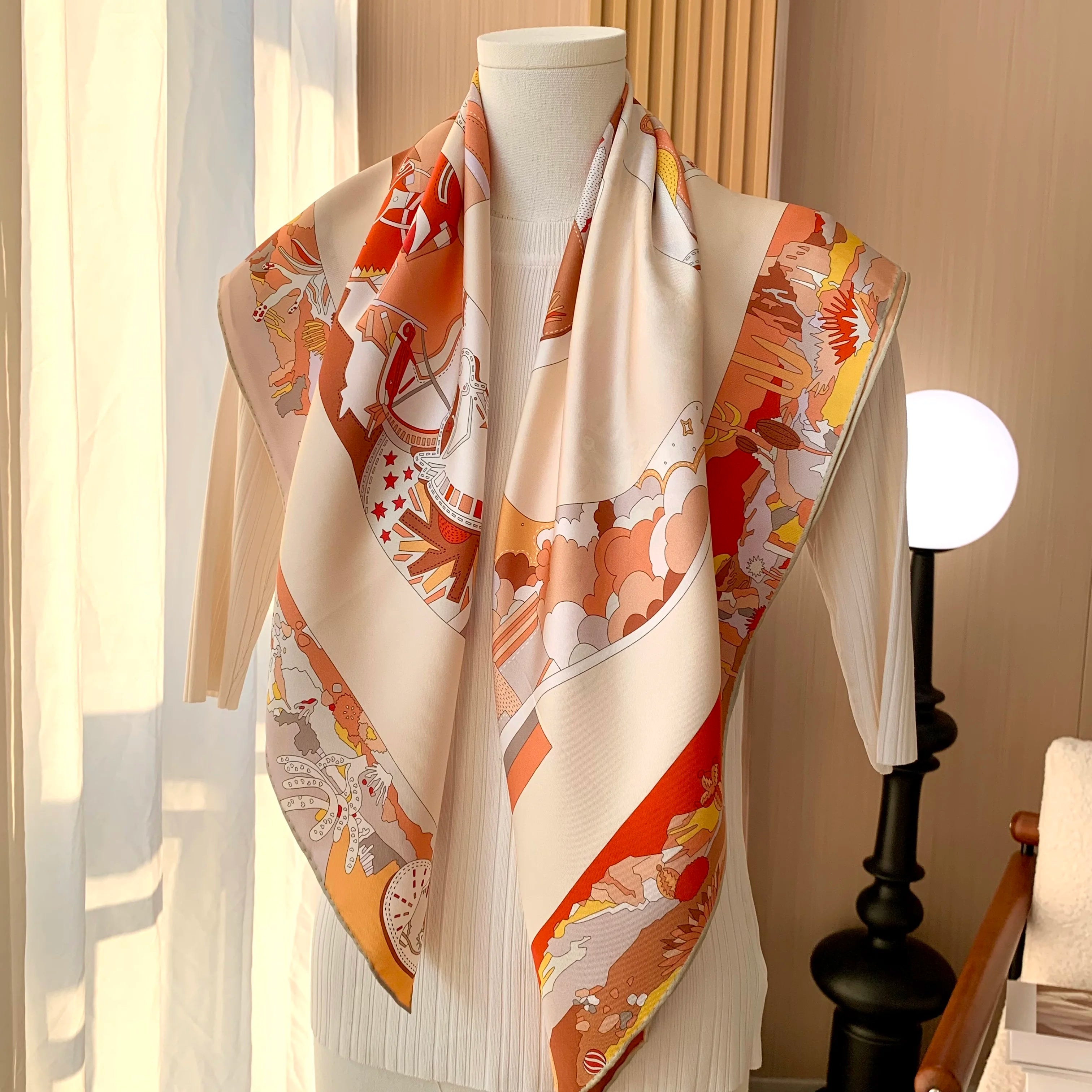 Luxurious Design 100% Silk Handkerchief for Women, Handmade Edging, 90cm Square, Elegant Sunscreen Headscarf, Shawl, Gift