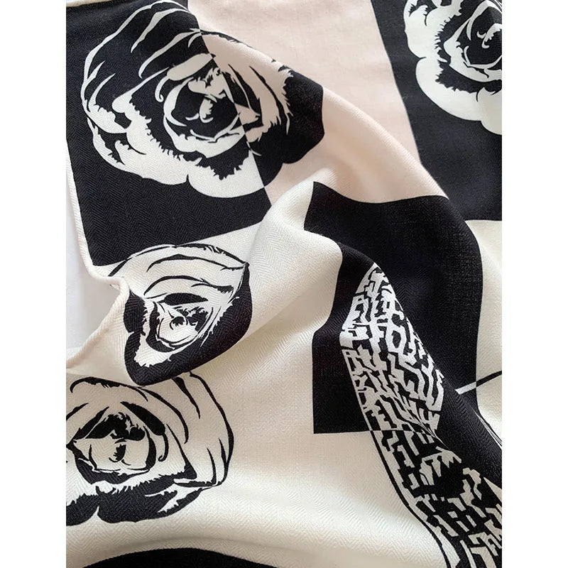New camellia patterned silk and wool scarf for women, 65*65cm, fashionable, elegant and versatile headscarf and neck
