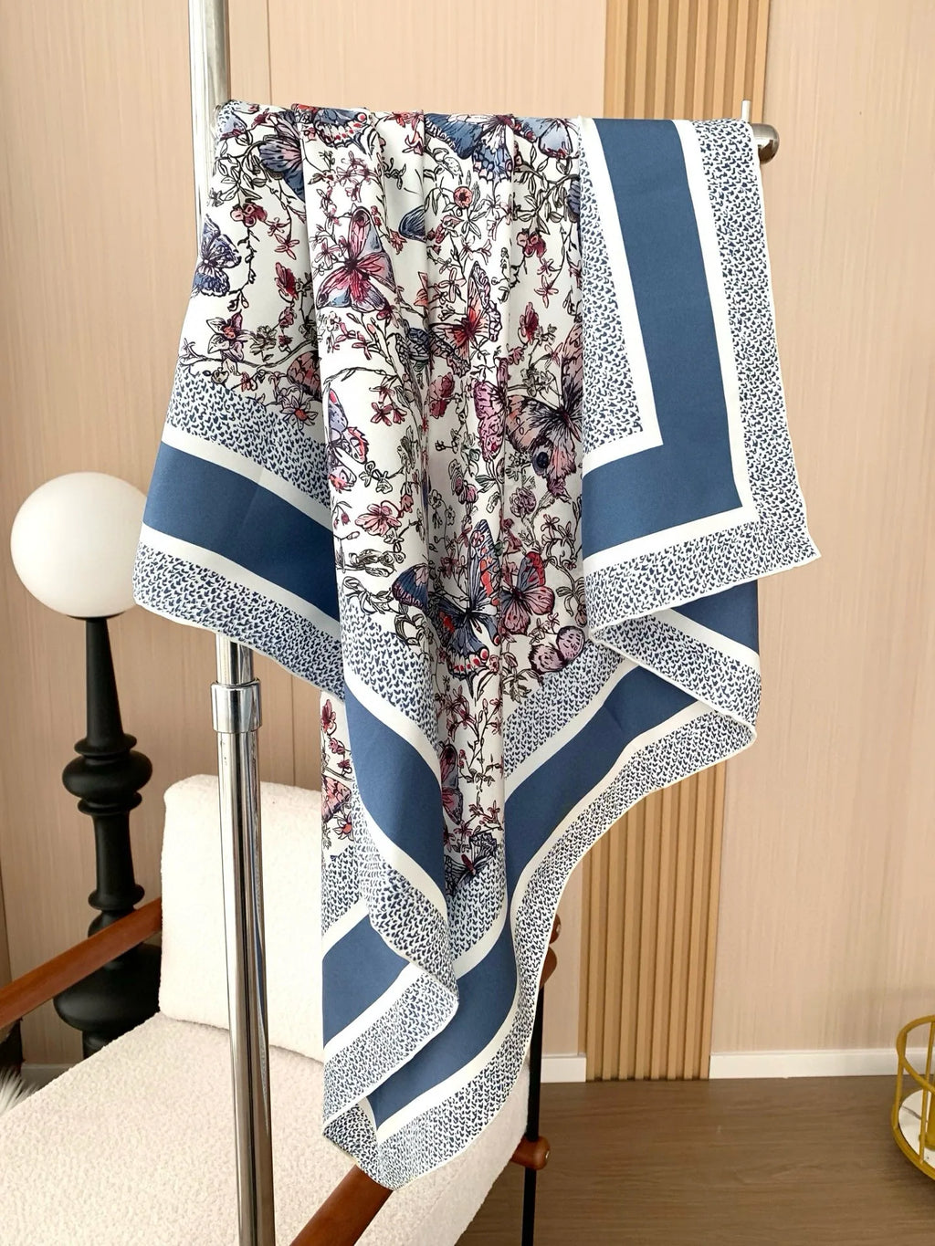 New blue floral silk scarf, 90cm thickness 18mm, high quality, elegant, shawl-style accessory, sun protection headscarf