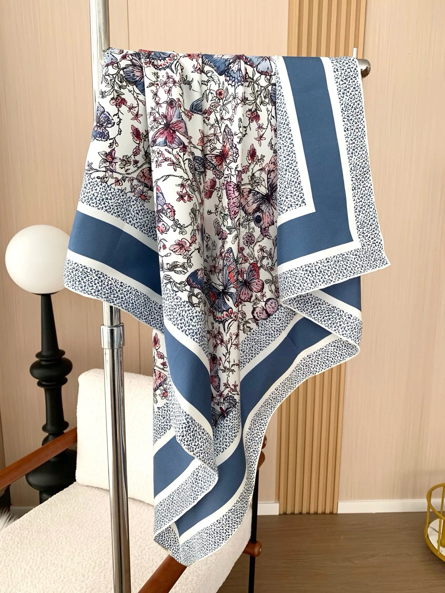 New blue floral silk scarf, 90cm thickness 18mm, high quality, elegant, shawl-style accessory, sun protection headscarf