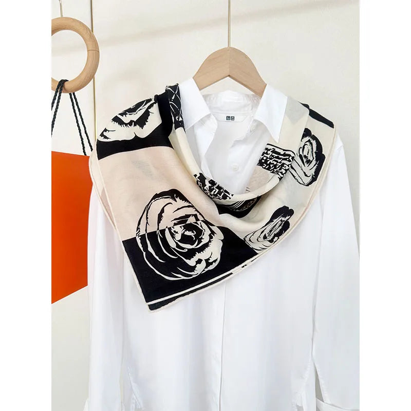 New camellia patterned silk and wool scarf for women, 65*65cm, fashionable, elegant and versatile headscarf and neck