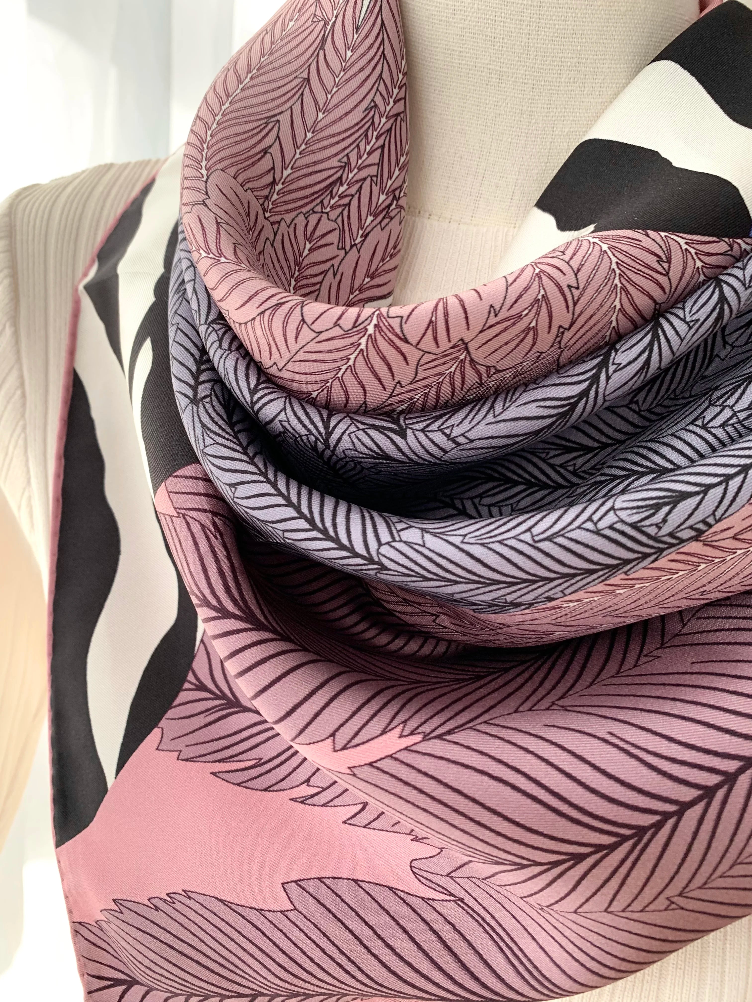 Women's Silk Scarf with Pink Zebra Pattern - Luxury Designer Design Sunscreen Decorated Party Shawl 90 cm Wide 18 mm Thick Silk
