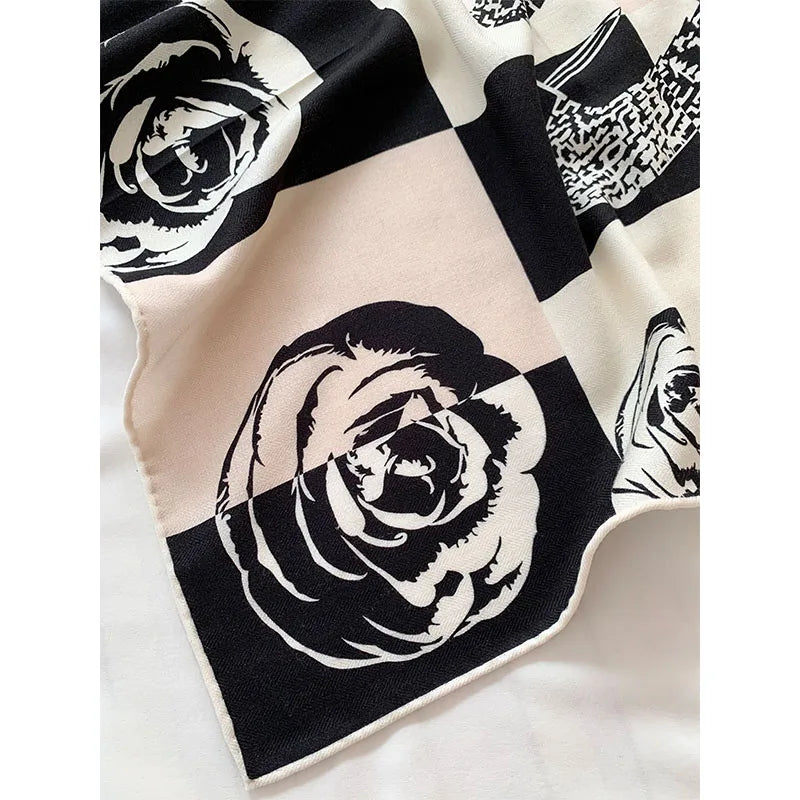 New camellia patterned silk and wool scarf for women, 65*65cm, fashionable, elegant and versatile headscarf and neck