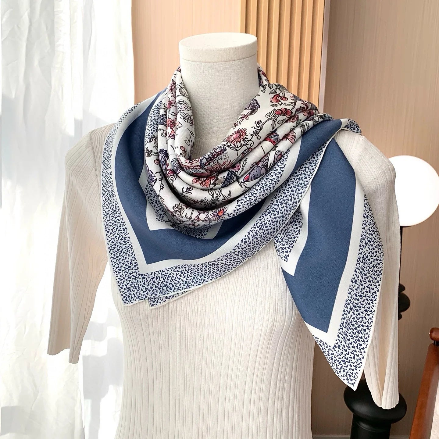New blue floral silk scarf, 90cm thickness 18mm, high quality, elegant, shawl-style accessory, sun protection headscarf