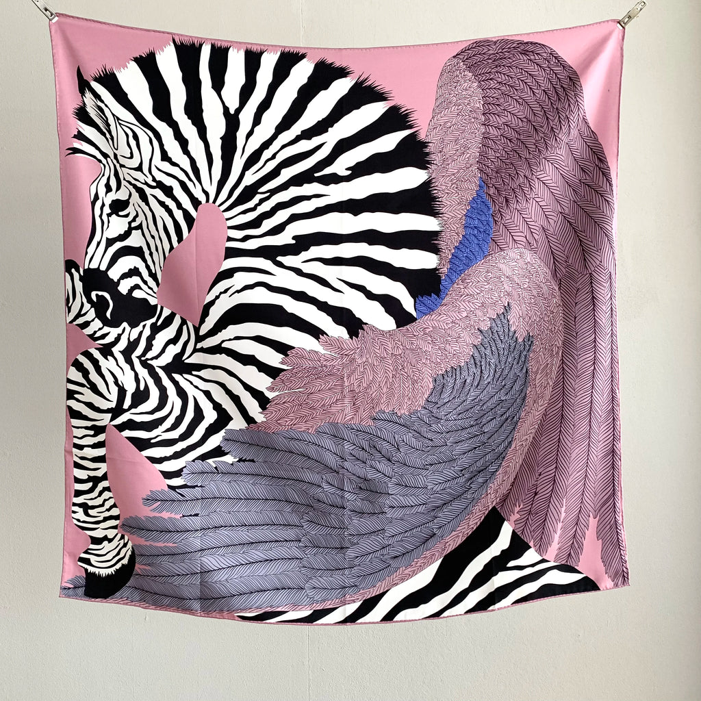 Women's Silk Scarf with Pink Zebra Pattern - Luxury Designer Design Sunscreen Decorated Party Shawl 90 cm Wide 18 mm Thick Silk