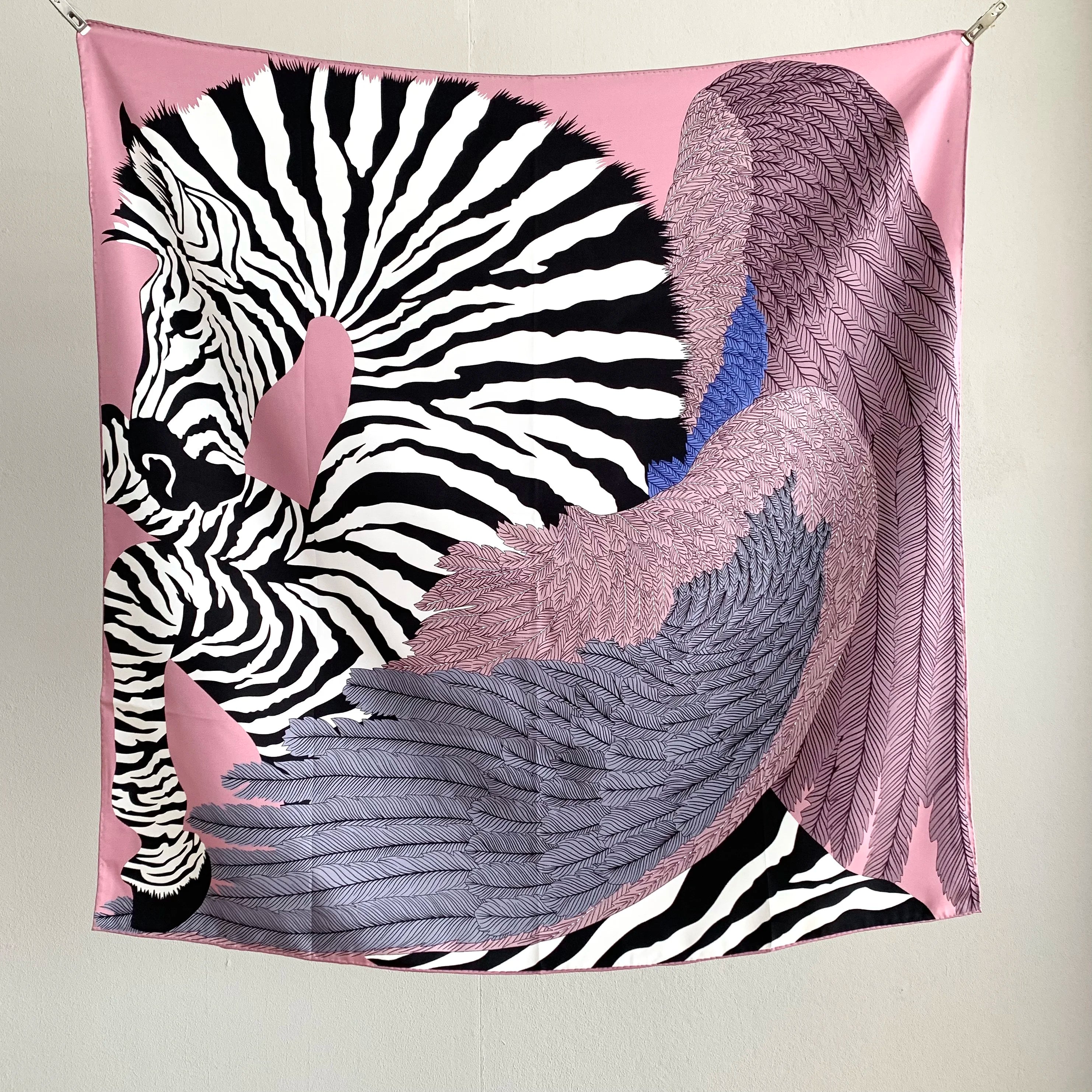 Women's Silk Scarf with Pink Zebra Pattern - Luxury Designer Design Sunscreen Decorated Party Shawl 90 cm Wide 18 mm Thick Silk