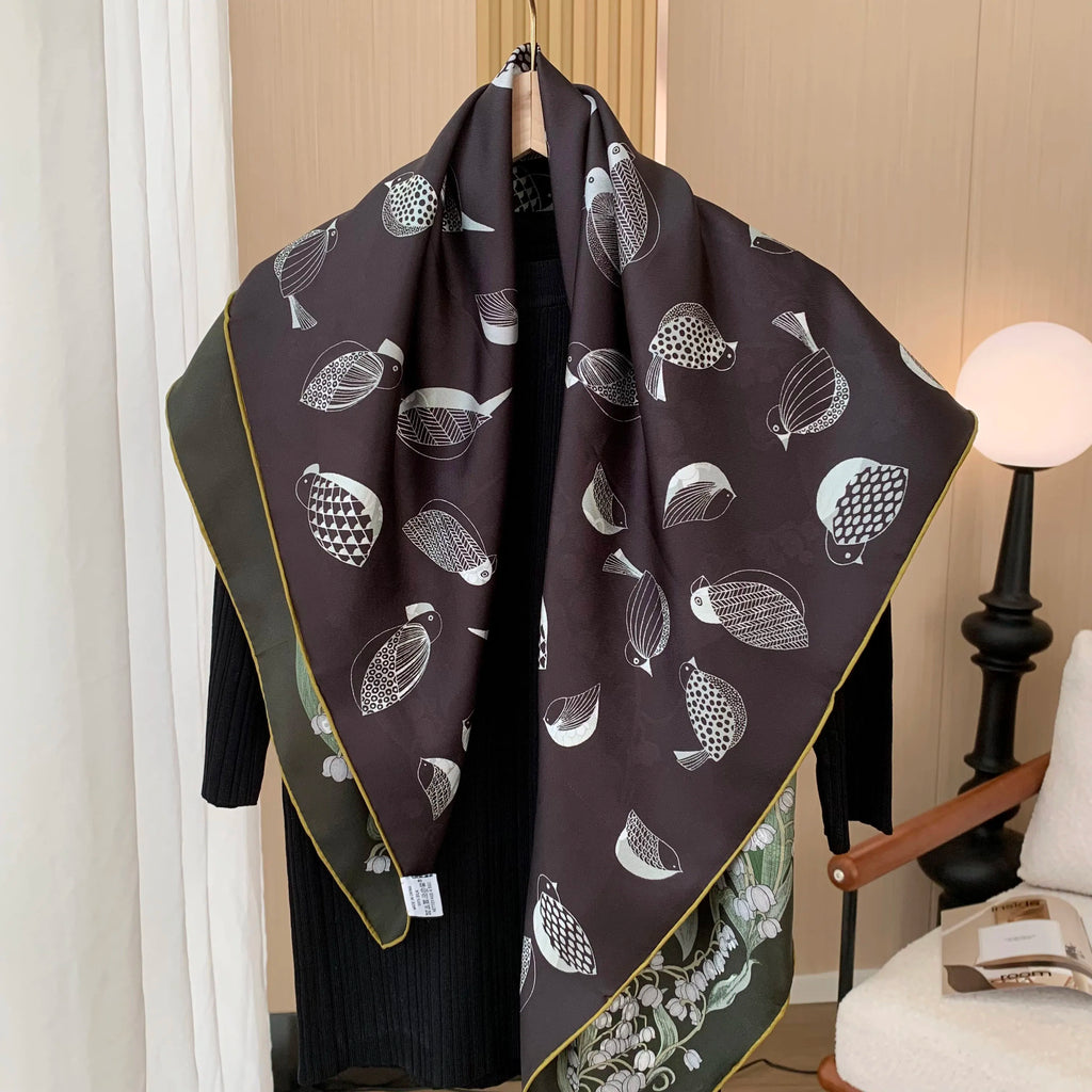 New 18mm double-sided double-color 100% mulberry silk scarf for women 90cm long, floral pattern, fashionable headscarf and shawl