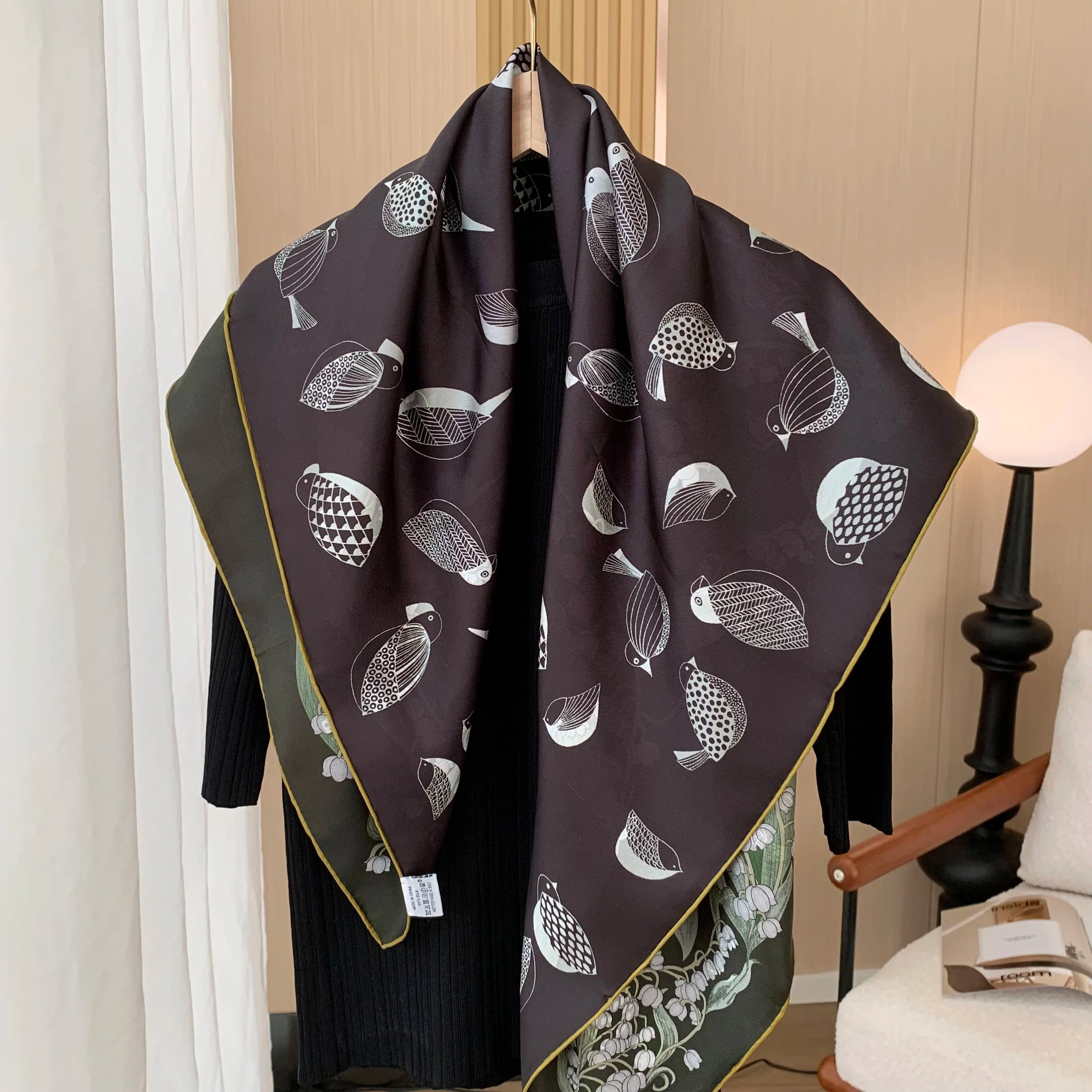 New 18mm double-sided double-color 100% mulberry silk scarf for women 90cm long, floral pattern, fashionable headscarf and shawl