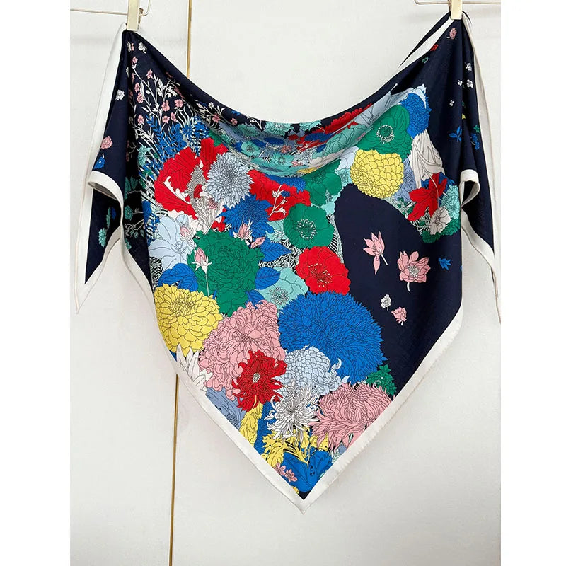 Luxurious design, large triangular scarf, silk and wool shawl, floral pattern decoration, warm and fashionable headscarf