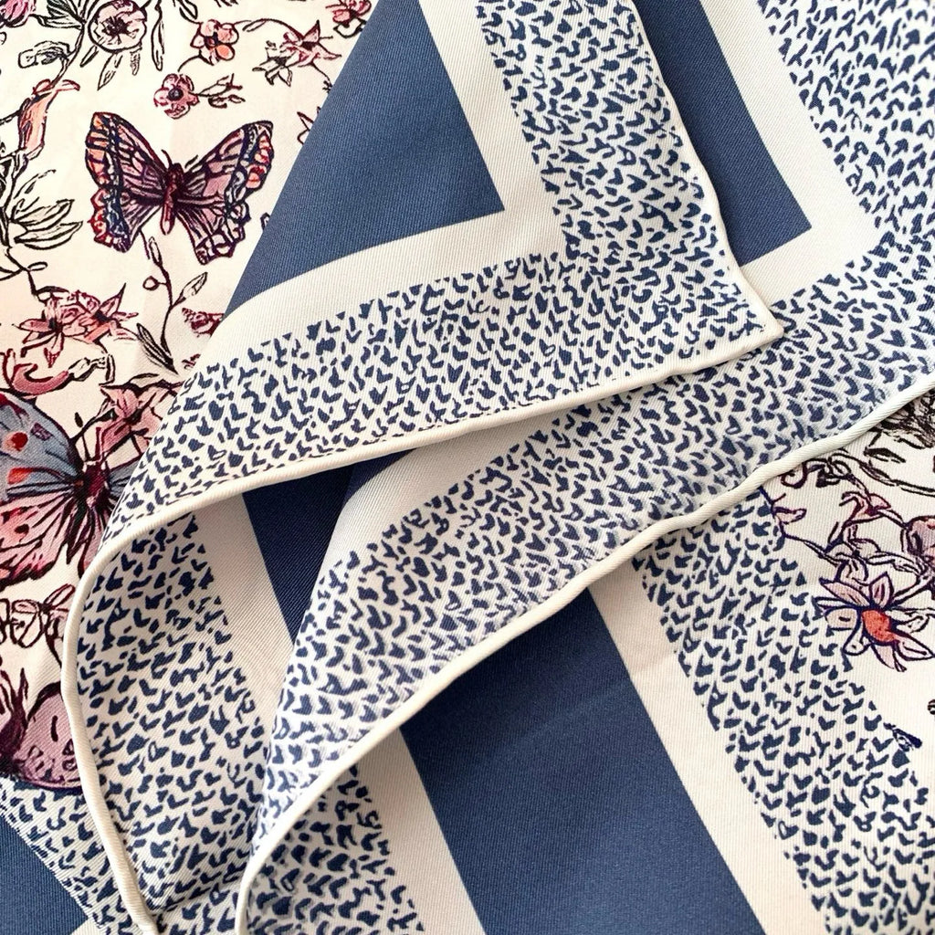 New blue floral silk scarf, 90cm thickness 18mm, high quality, elegant, shawl-style accessory, sun protection headscarf
