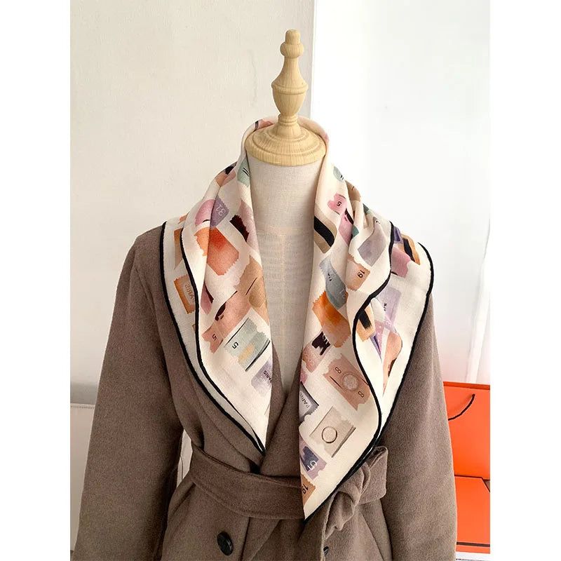 Stamp design. Silk and wool scarf for women, 65*65 cm. Fashionable and simple, highly warm. Headscarf or neckband.