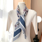 New blue floral silk scarf, 90cm thickness 18mm, high quality, elegant, shawl-style accessory, sun protection headscarf