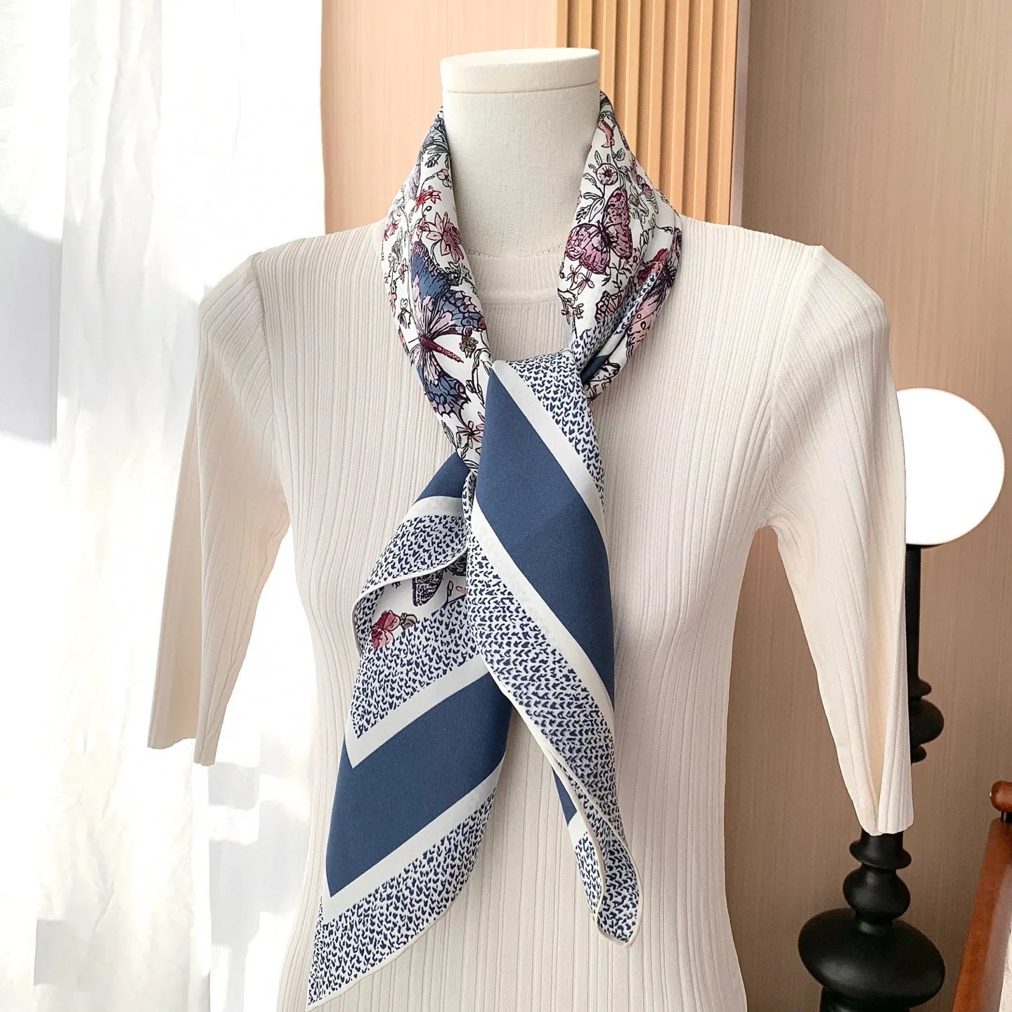 New blue floral silk scarf, 90cm thickness 18mm, high quality, elegant, shawl-style accessory, sun protection headscarf