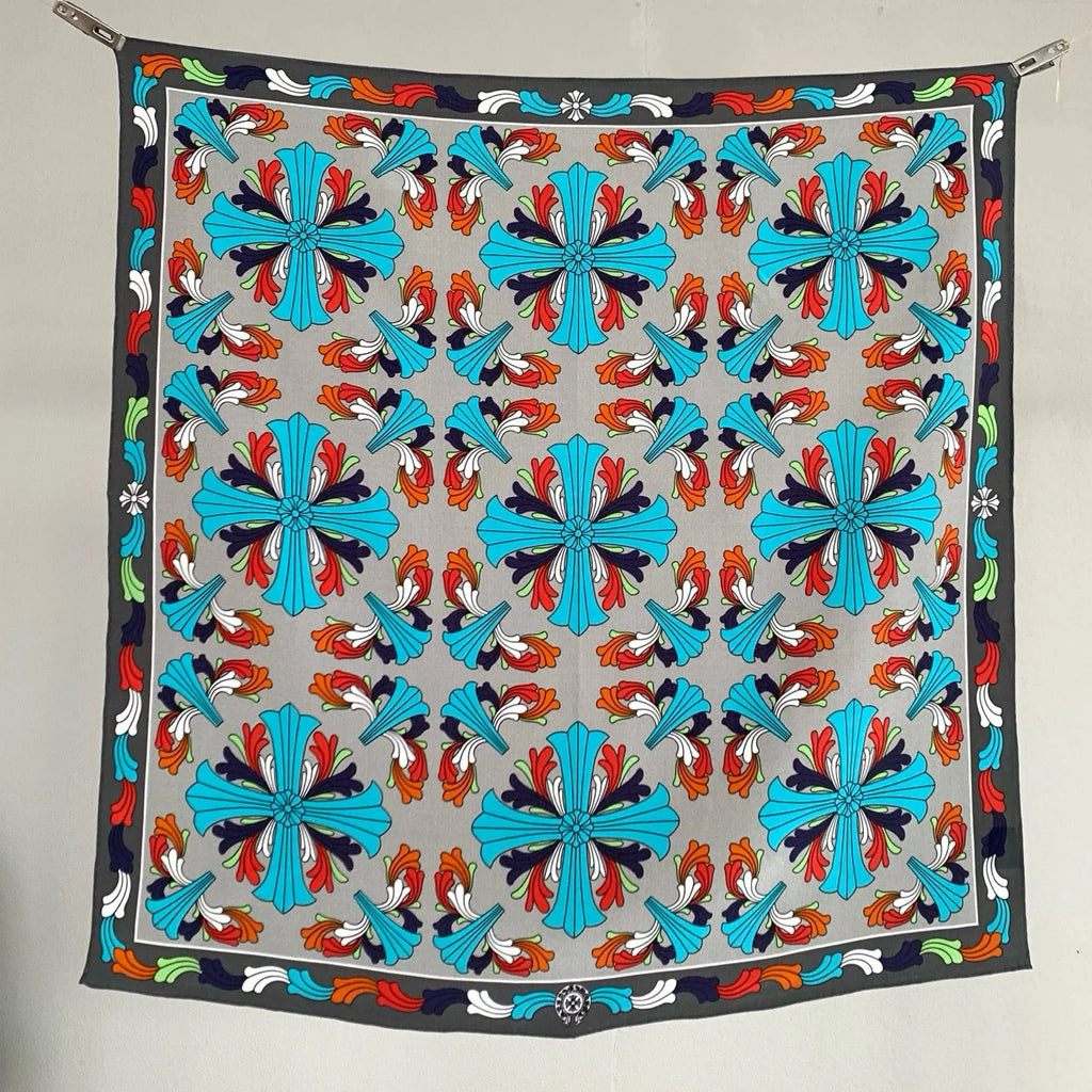 Cross pattern 100% silk scarf for women - fashionable sun protection headscarf, decorative scarf, square scarf, floral design