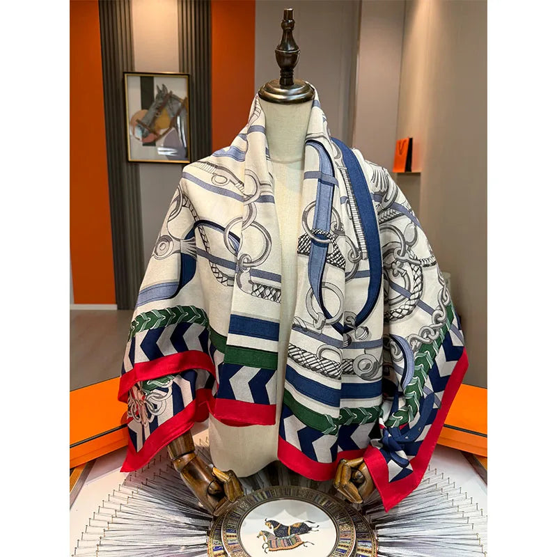 Horse gear pattern, 70% wool, 30% silk, women's scarf in the same color on both sides warm autumn and winter shawl and headscarf