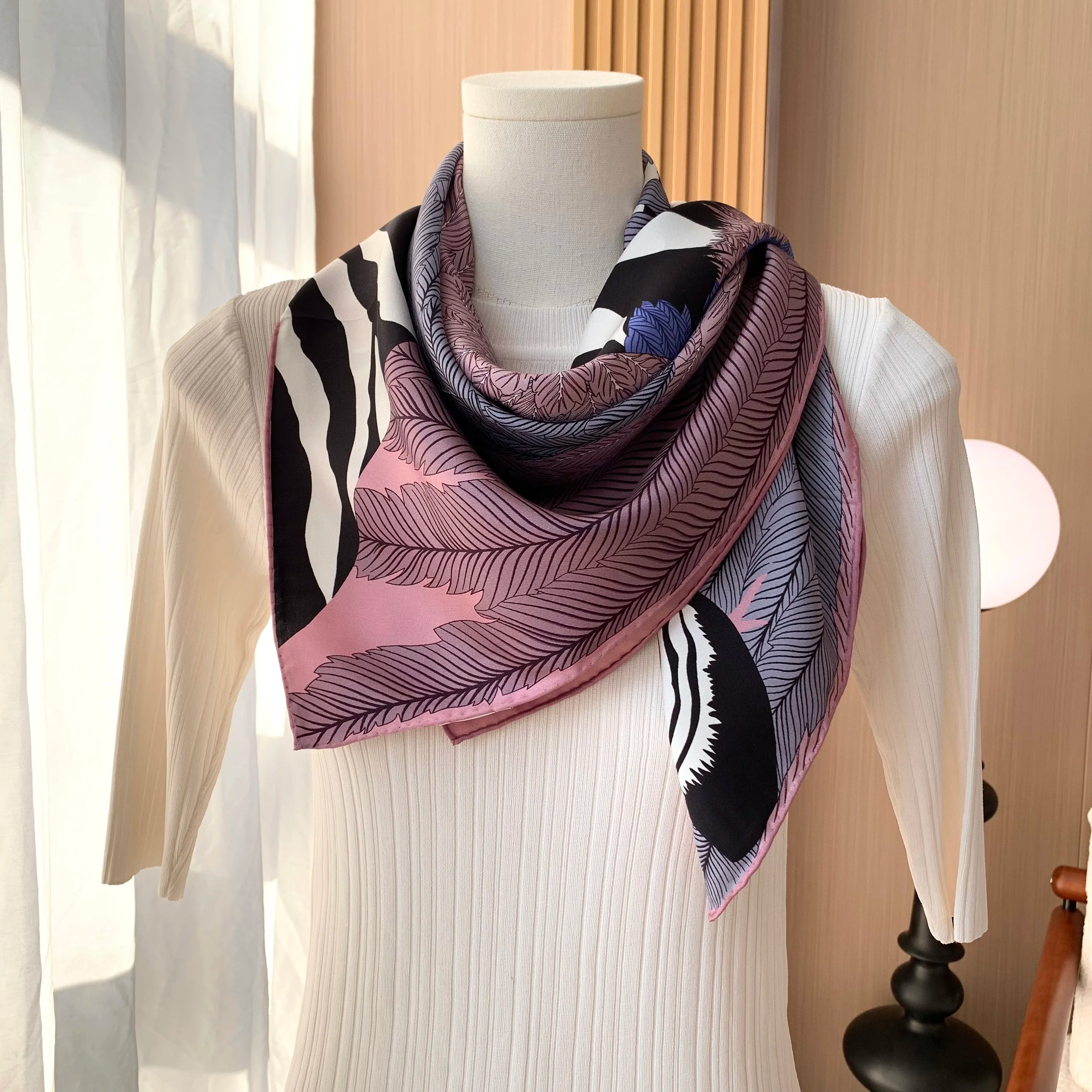 Women's Silk Scarf with Pink Zebra Pattern - Luxury Designer Design Sunscreen Decorated Party Shawl 90 cm Wide 18 mm Thick Silk