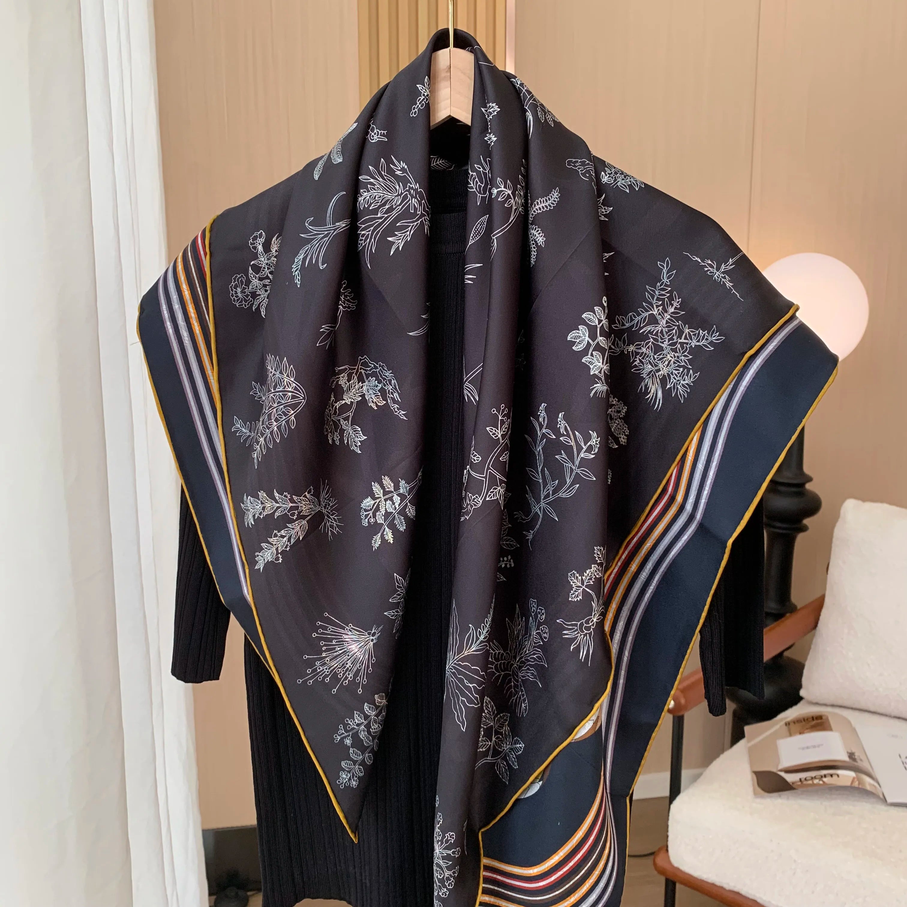 90cm double-sided double-color 100% mulberry silk scarf for women, floral pattern, sun protection headscarf, fashionable shawl
