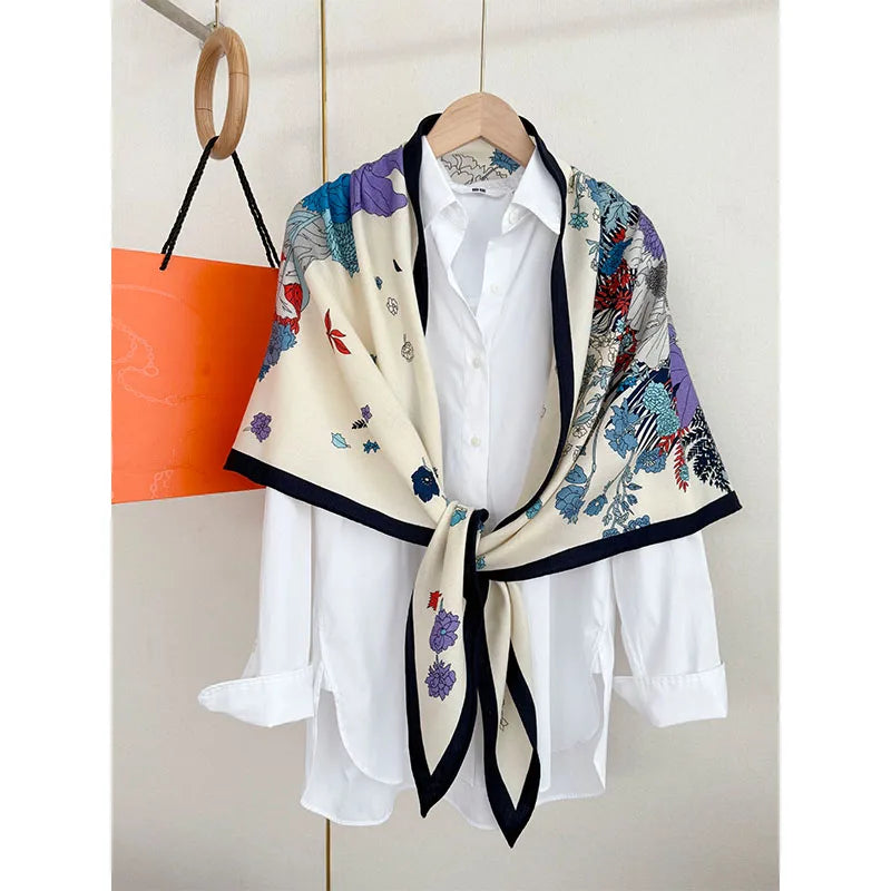 Luxurious design, large triangular scarf, silk and wool shawl, floral pattern decoration, warm and fashionable headscarf
