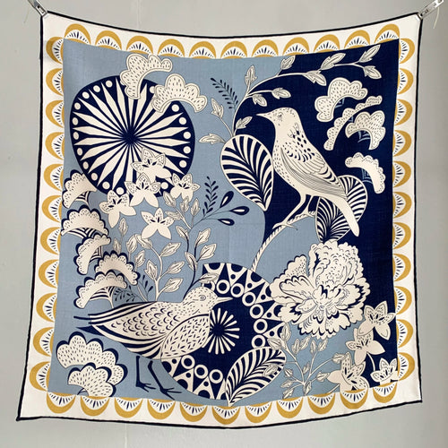 30% silk 70% wool scarf for women, 65*65 cm. Retro floral and bird pattern scarf. Essential for elegance. Handmade rolled edges.