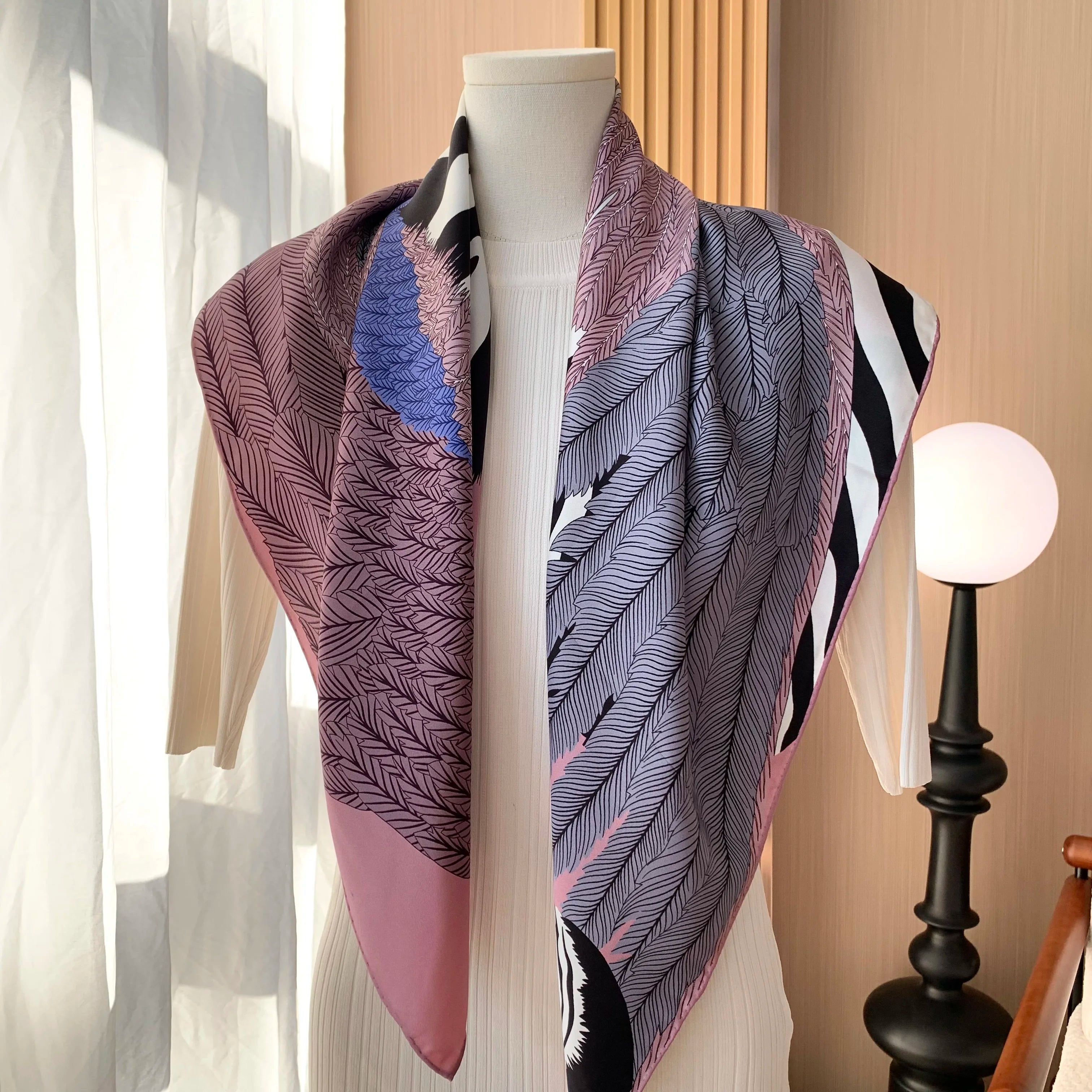 Women's Silk Scarf with Pink Zebra Pattern - Luxury Designer Design Sunscreen Decorated Party Shawl 90 cm Wide 18 mm Thick Silk