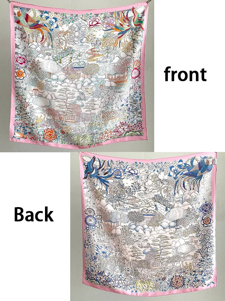 Two-color style 100% mulberry silk scarf for ladies square-shaped 90 in length floral pattern sun protection headscarf and shawl