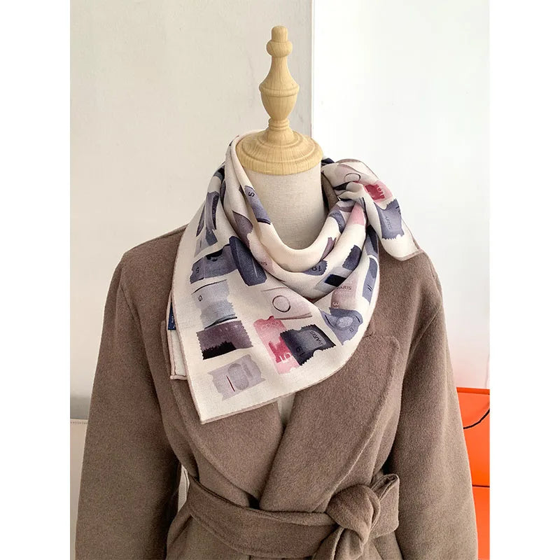 Stamp design. Silk and wool scarf for women, 65*65 cm. Fashionable and simple, highly warm. Headscarf or neckband.