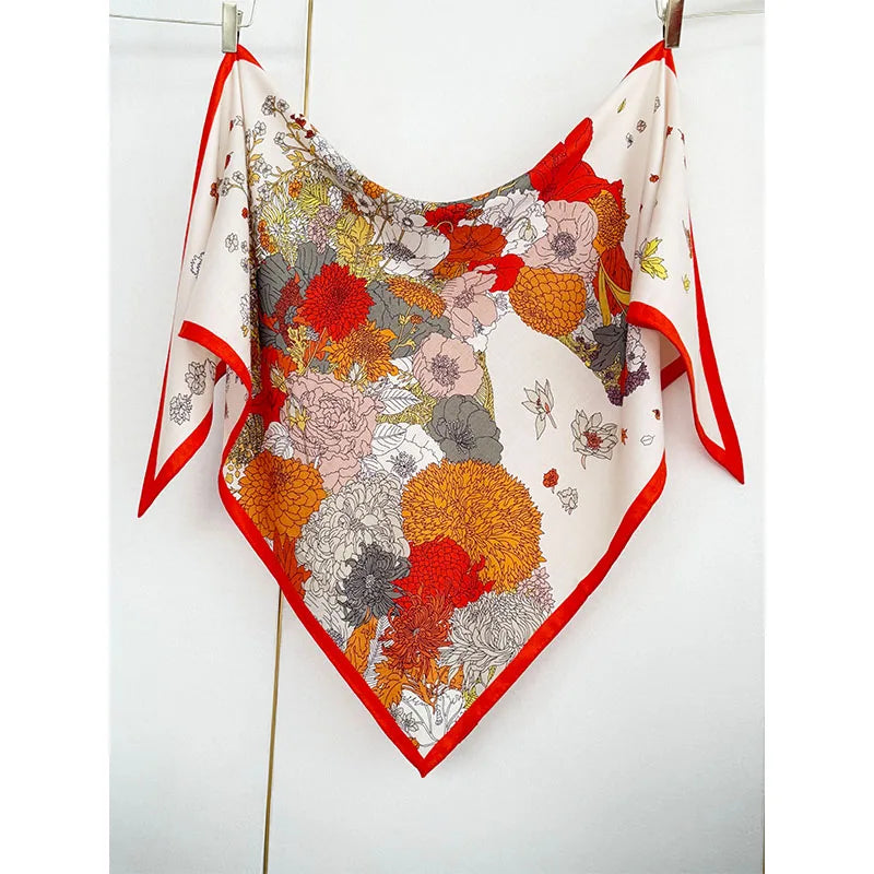 Luxurious design, large triangular scarf, silk and wool shawl, floral pattern decoration, warm and fashionable headscarf