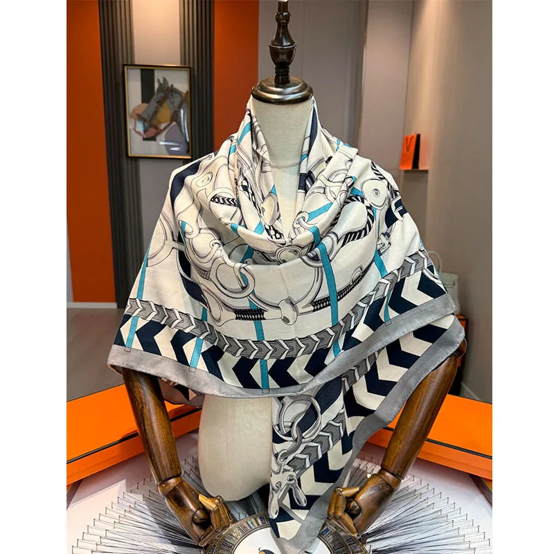 Horse gear pattern, 70% wool, 30% silk, women's scarf in the same color on both sides warm autumn and winter shawl and headscarf