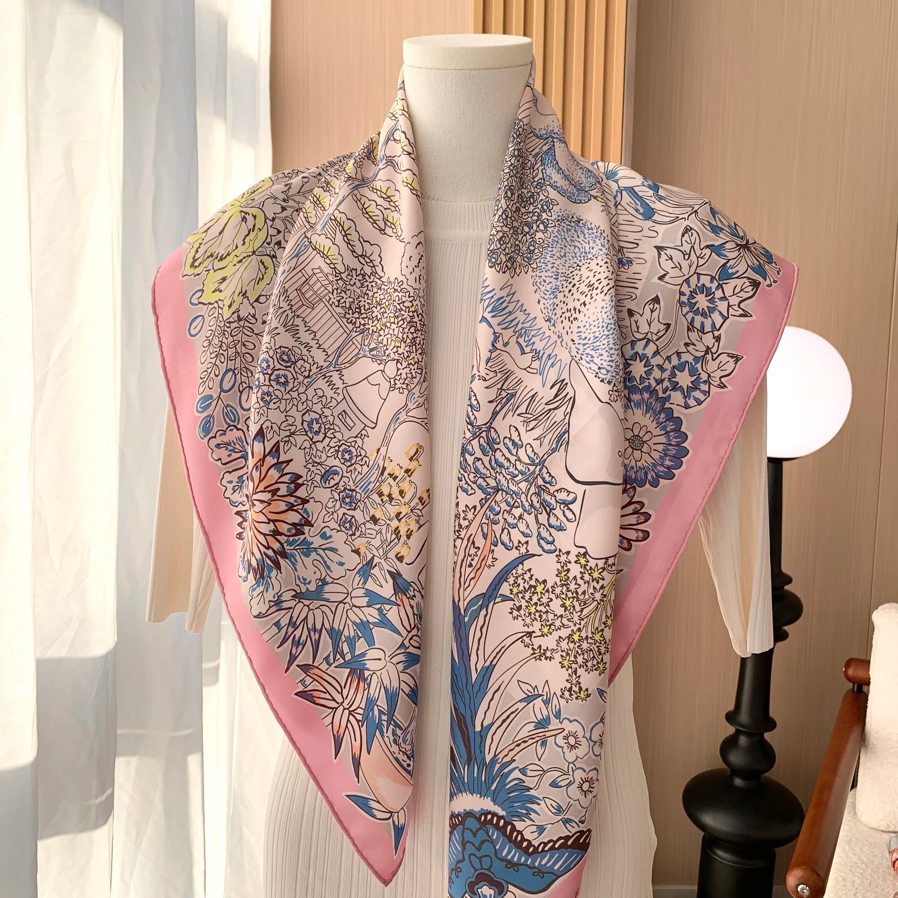 Two-color style 100% mulberry silk scarf for ladies square-shaped 90 in length floral pattern sun protection headscarf and shawl
