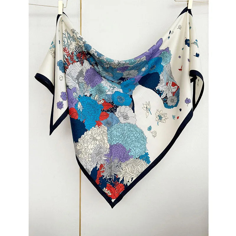 Luxurious design, large triangular scarf, silk and wool shawl, floral pattern decoration, warm and fashionable headscarf