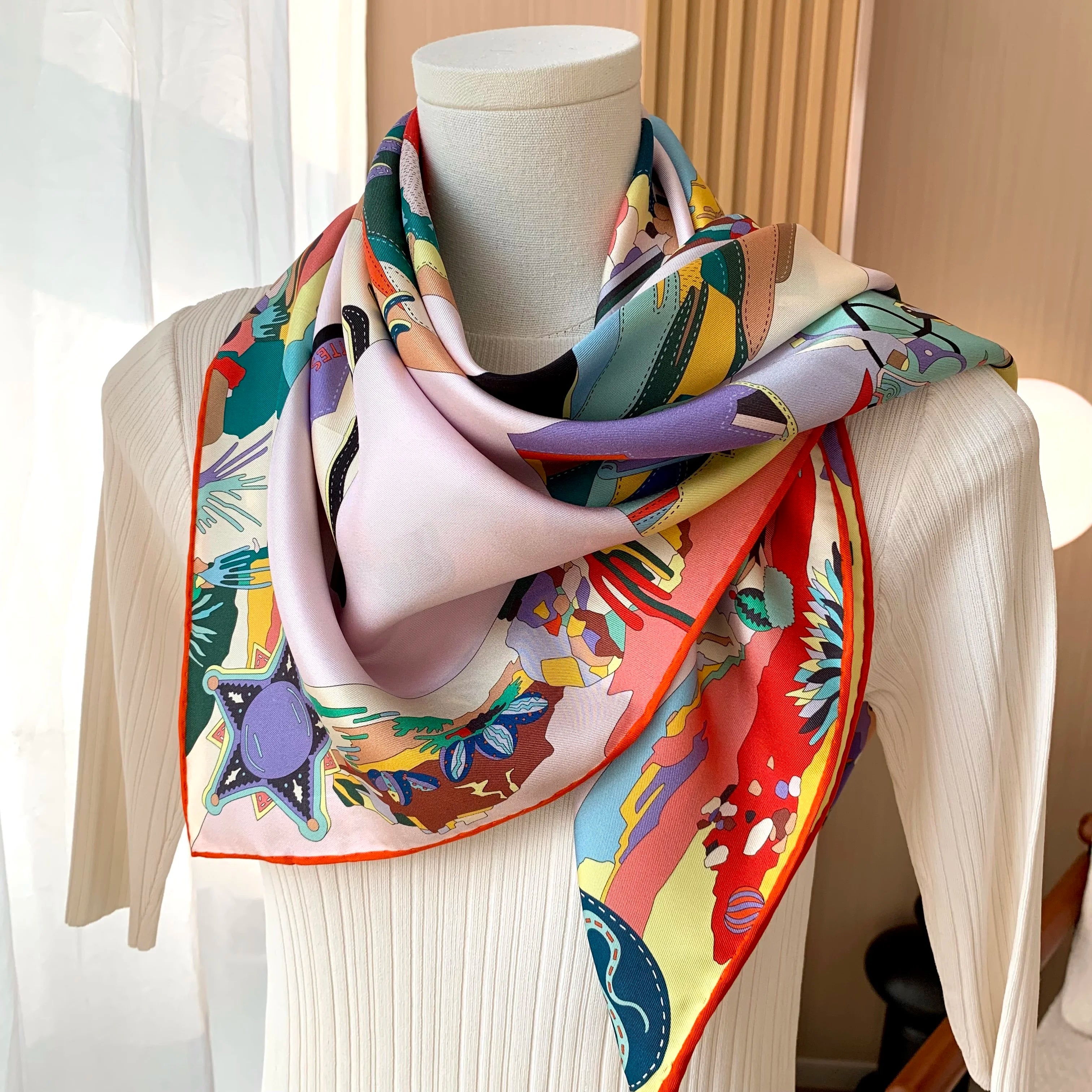 Luxurious Design 100% Silk Handkerchief for Women, Handmade Edging, 90cm Square, Elegant Sunscreen Headscarf, Shawl, Gift