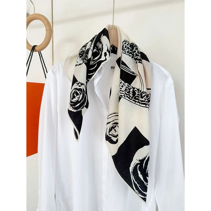 New camellia patterned silk and wool scarf for women, 65*65cm, fashionable, elegant and versatile headscarf and neck