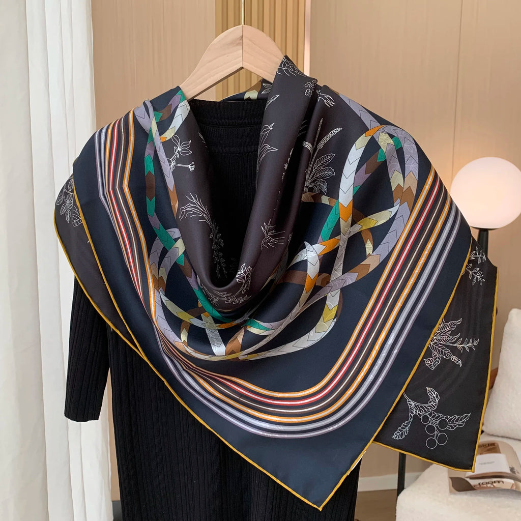 90cm double-sided double-color 100% mulberry silk scarf for women, floral pattern, sun protection headscarf, fashionable shawl