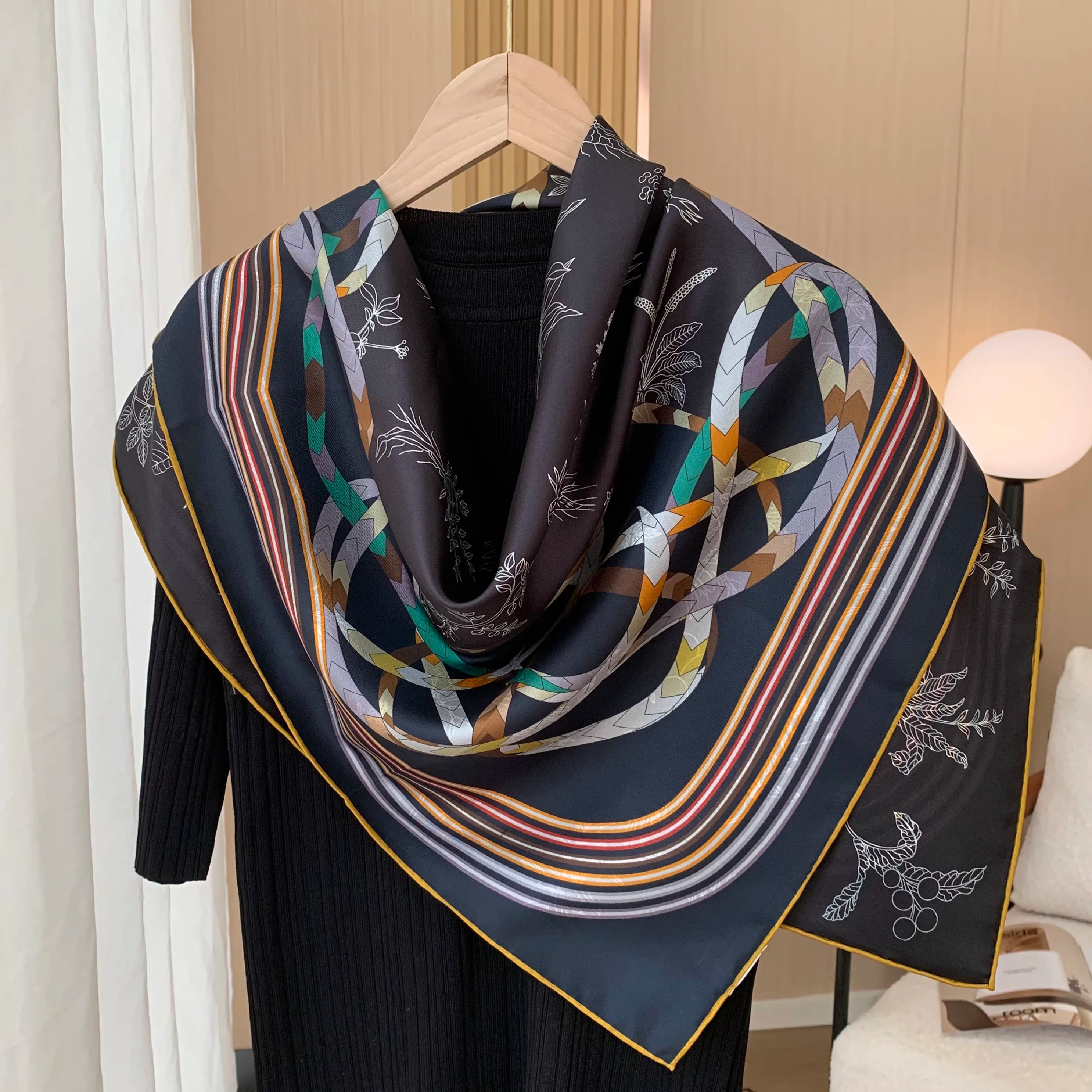 90cm double-sided double-color 100% mulberry silk scarf for women, floral pattern, sun protection headscarf, fashionable shawl