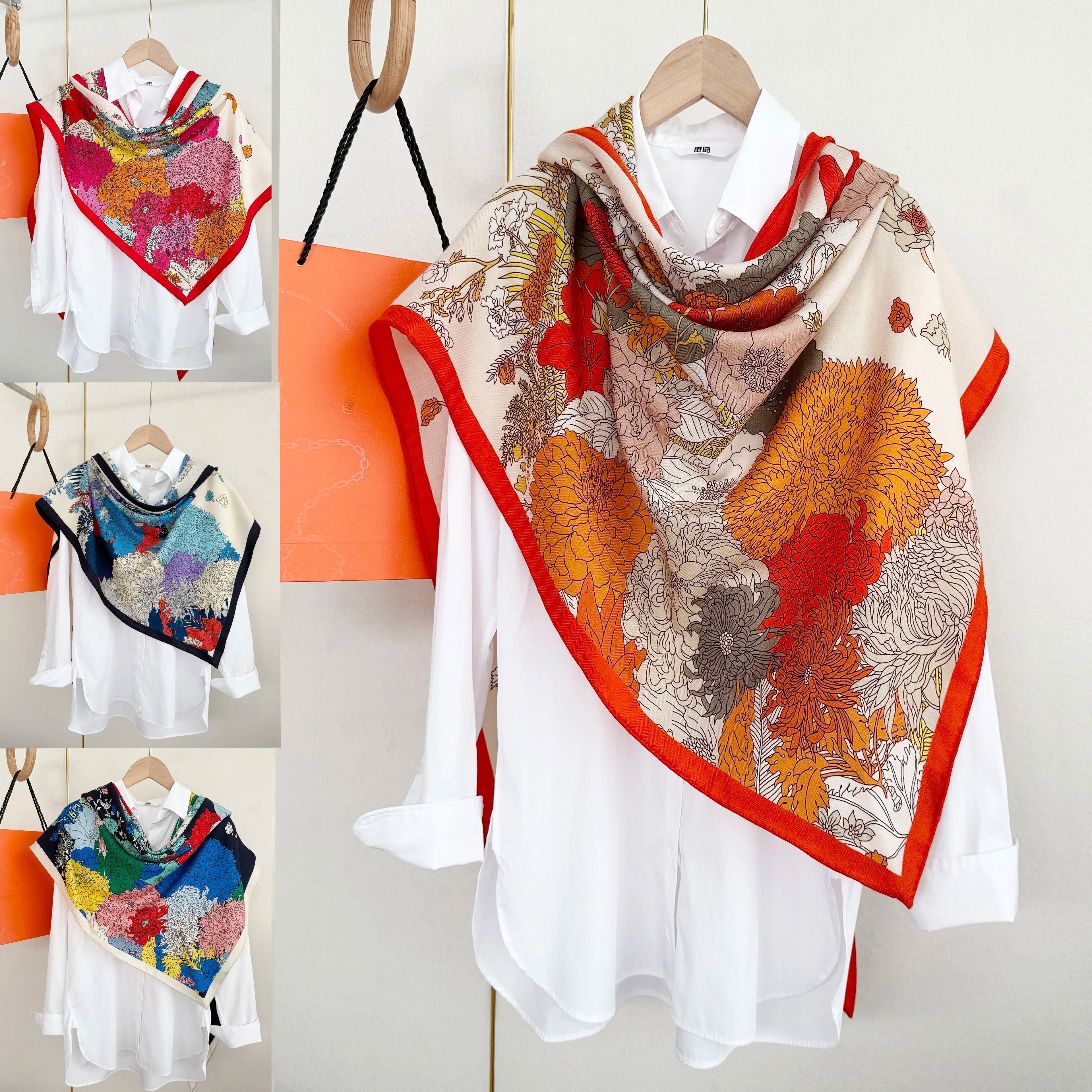 Luxurious design, large triangular scarf, silk and wool shawl, floral pattern decoration, warm and fashionable headscarf