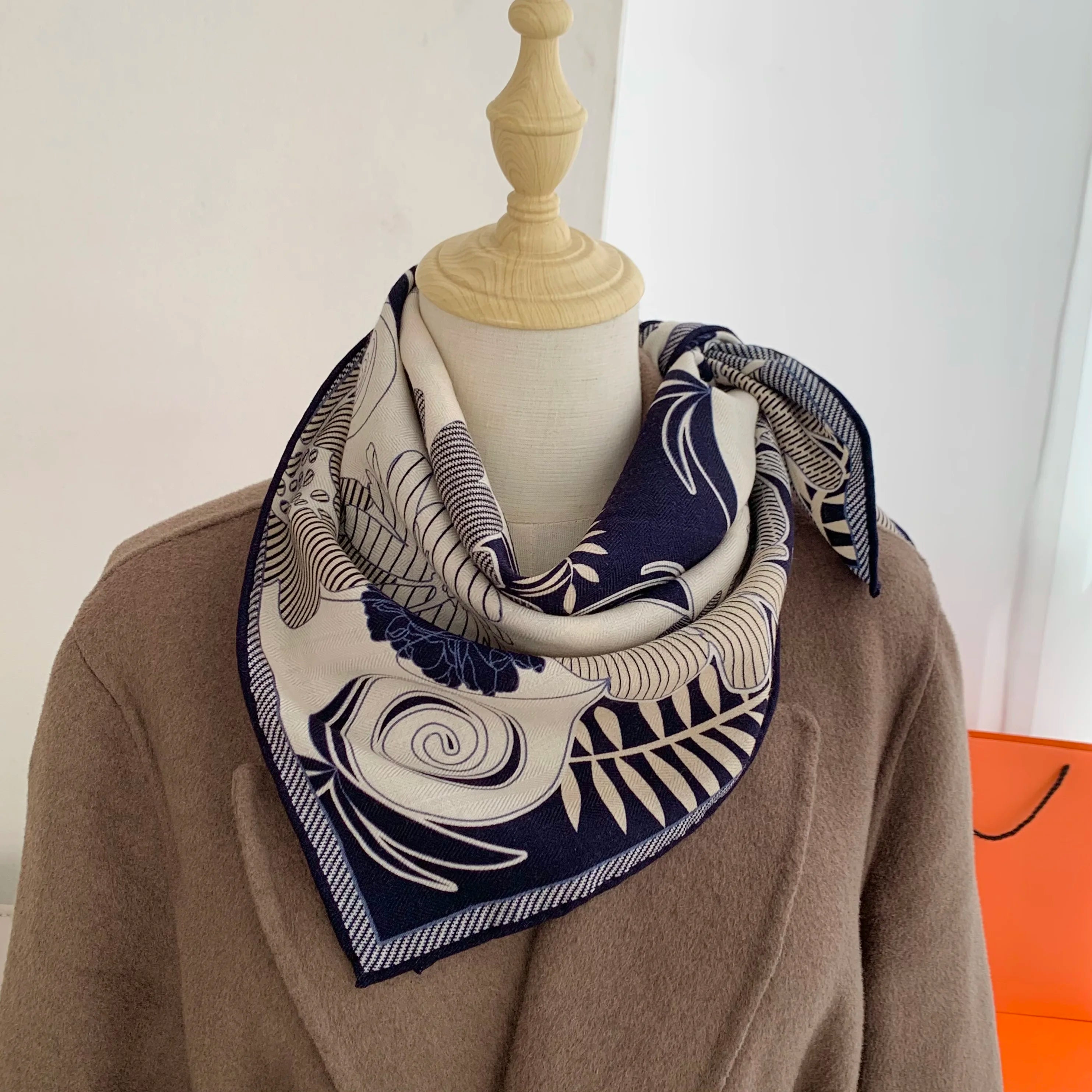 Luxurious design silk and wool scarf for women in floral style, square shape, warm-keeping neckband shawl, 65*65 cm